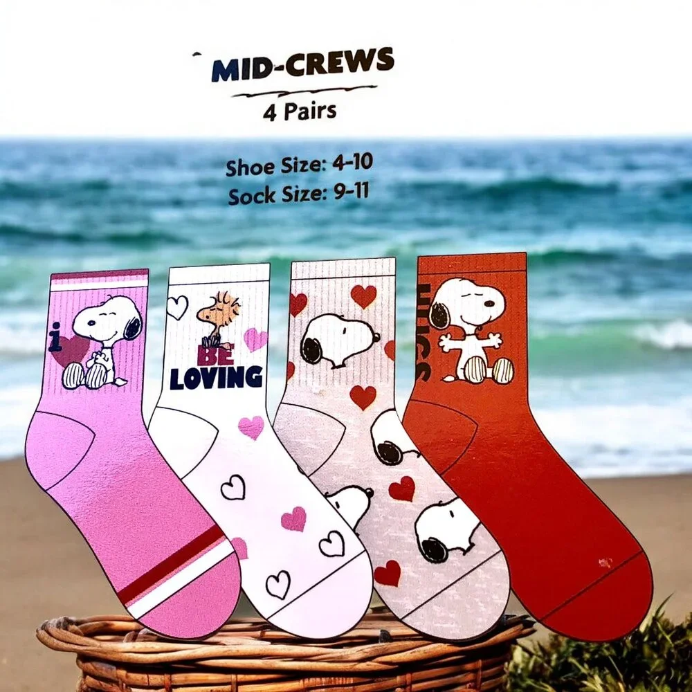 Peanuts Socks SPOOPY + Woodstock Mid Crew 4 Pairs 9 to 11 Gift Set Love